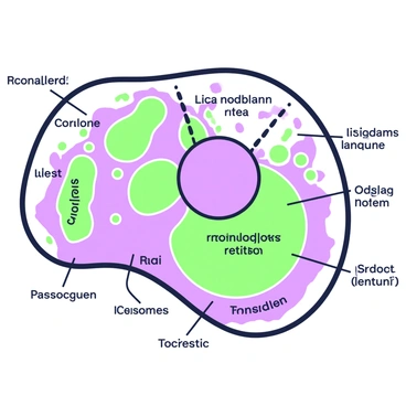 An illustration of an animal cell is depicted as an interactive puzzle. The cell's outline is clearly defined, and various pieces represent different organelles. Each organelle piece is labeled with its name in a legible font. Prominent organelles include a round nucleus at the center, surrounded by the rough endoplasmic reticulum with its ribosomes depicted on its surface. Nearby, the smooth endoplasmic reticulum is visible, along with mitochondria that are shaped like small bean structures. The Golgi apparatus appears stacked and located near the cell membrane, while lysosomes are represented as small circular shapes spread throughout the cell. Each piece fits together seamlessly, creating a complete representation of an animal cell's structure.