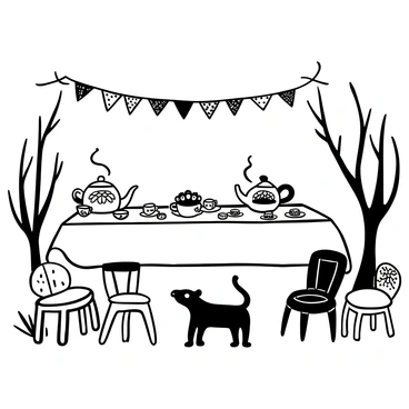 A whimsical tea party scene featuring a long tablecloth draped over a rustic wooden table. On the table, there are several delicate plates arranged, each holding tiny piles of "fennel seeds" served as treats. Surrounding the table are mismatched chairs, some adorned with floral patterns. Teacups with intricate designs are placed near each plate, alongside teapots with curved spouts. Gentle curls of steam rise from the teapots. A soft breeze rustles through nearby trees, their branches slightly swaying. Various whimsical decorations such as miniature flags and colorful bunting hang above the table, adding to the playful atmosphere.