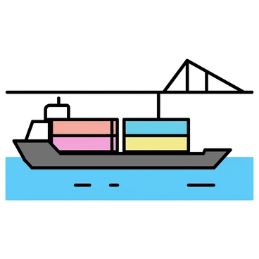 A large cargo barge is moving through the water, carrying a variety of colorful shipping containers. The containers are stacked in vibrant hues of red, blue, green, and yellow. Above the barge, a sturdy bridge spans the water, with its supporting beams visible. The scene captures the barge just as it is passing under the bridge, with the clear sky reflected in the water below.