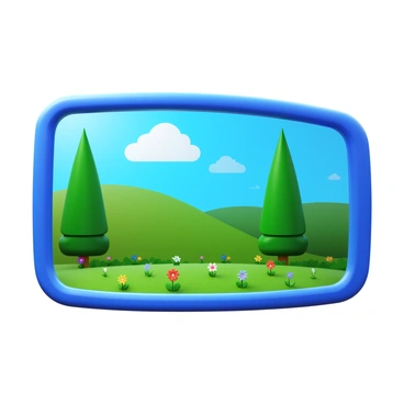 A 3D close-up of a car's side mirror. The mirror reflects a scenic landscape with rolling hills and a bright blue sky. In the background, there are a few fluffy clouds scattered across the sky. There are also vibrant green trees framing the view, along with colorful wildflowers in a meadow. The car's side mirror is sleek and shiny, emphasizing the clarity of the reflection.