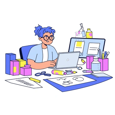 A designer sitting at a workspace, focused on creating a new product packaging concept. The designer is a middle-aged woman with glasses, wearing a casual shirt. Around her are multiple prototypes of product packaging in various shapes and colors, including boxes and bottles. Several design drafts are spread out on the table, showcasing colorful graphics and text. There is a sketchpad with pencil drawings nearby, and a laptop displaying design software. The atmosphere is organized with tools like scissors and markers neatly arranged.