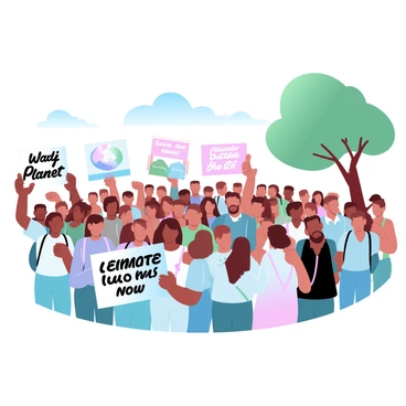 A diverse crowd of people is gathering in an open space, all holding colorful signs advocating for climate action. Each sign displays messages and symbols related to environmental awareness and sustainability, such as "Save Our Planet" and "Climate Justice Now." The individuals in the crowd are wearing casual attire, and some have reusable tote bags slung over their shoulders. A large tree is visible in the background, adding a touch of greenery to the scene. The atmosphere is vibrant, filled with a sense of unity and purpose among the participants.