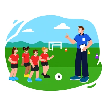 A sports trainer with short brown hair is standing on a grassy field, wearing a bright blue polo shirt and holding a clipboard. Around the trainer, a group of young players, wearing matching red jerseys and black shorts, are practicing their dribbling skills. The trainer is demonstrating a technique, pointing towards the ball while looking encouragingly at the kids. In the background, there are colorful cones set up as markers, and a clear blue sky provides a bright backdrop to the scene.