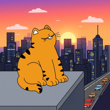 A chubby orange cat with black stripes, resembling "Garfield," is sitting comfortably on a flat rooftop. His eyes are half-closed, and he has a relaxed expression as he gazes out over a vibrant cityscape. The skyline features tall buildings with various shapes and sizes, some with neon lights beginning to sparkle. The sky is filled with warm hues of orange, pink, and purple as the sun sets in the distance. A few fluffy clouds are scattered across the sky, reflecting the sunset colors. Below, the streets are alive with tiny cars and people, adding to the bustling atmosphere of the scene.