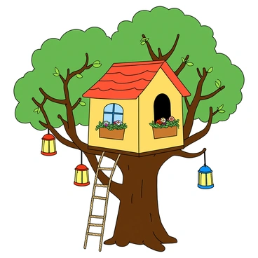 A whimsical treehouse nestled high among thick, leafy branches. The treehouse is painted in bright colors, with a round roof and a small balcony that juts out. It is adorned with several colorful lanterns hanging from the branches, casting a warm glow. There are small windows with flowerboxes, filled with cheerful flowers, and a rope ladder leads down to the ground. The surrounding branches are lush and green, adding to the enchanting atmosphere.