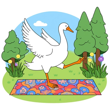 A flexible goose with white feathers and a long neck is performing a yoga pose, balancing gracefully on one leg. Its wings are spread slightly, creating a captivating silhouette. The goose is situated on a vibrant, multicolored yoga mat featuring patterns of flowers and swirls. Surrounding the mat, there are lush green grass and various wildflowers in shades of yellow, purple, and pink. In the background, there are tall trees with green leaves, and a clear blue sky with a few fluffy white clouds. The scene conveys a sense of harmony between nature and the playful yoga practice of the goose.