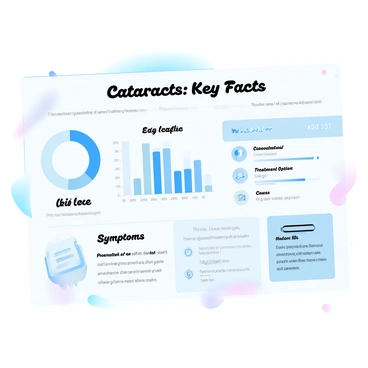 An infographic displaying a variety of statistics and facts about cataracts. The background features a gradient of pastel colors that transition smoothly. At the top, the title "Cataracts: Key Facts" is prominently displayed. Below the title, a large pie chart illustrates the percentage of people affected by cataracts in different age groups. On one side, a bar graph compares the prevalence of cataracts in various demographics. Additionally, there are bullet points highlighting important facts about cataracts, including symptoms, causes, and treatment options. Icons related to eye health and surgery are scattered throughout the infographic to enhance the visual appeal.