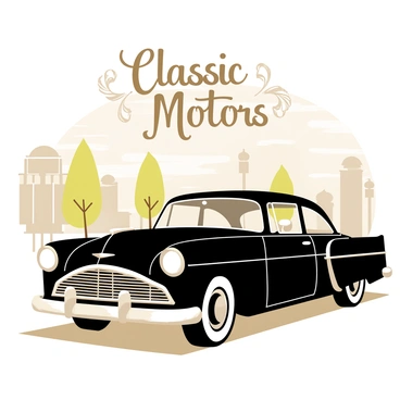 A nostalgic advertisement featuring a vintage car brand. The background is a soft sepia tone, adding a sense of warmth and nostalgia. In the foreground, a classic car with a shiny black exterior is parked elegantly, showcasing its curved edges and chrome details. The car has large, round headlights and a prominent front grille, signifying its vintage style. Above the car, the words "Classic Motors" are written in bold, retro script. Decorative flourishes encircle the brand name, enhancing the old-fashioned aesthetic. A scenic street from the 1950s, lined with trees and old-fashioned lampposts, can be seen in the background, completing the nostalgic feel of the advertisement.