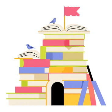 A fortress built entirely from stacked and open books, featuring various colors and sizes of books creating a tall structure. The pages of the open books are fanned out, resembling vibrant banners fluttering in the wind. A path made of smaller books leads to the entrance of the fortress, with a few books leaning against each other, forming makeshift walls. The top of the fortress is adorned with a flag made from a torn page, while a few tiny paper birds are perched on the edges, adding a whimsical touch to the scene.