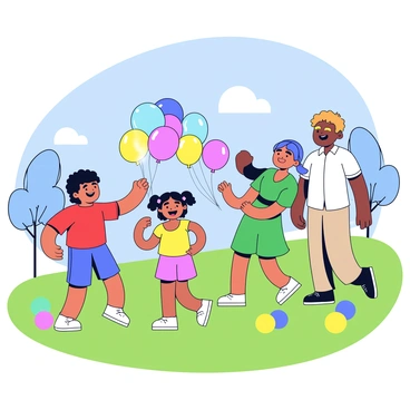 A family of four is engaged in a playful water balloon fight in their backyard. The scene features two children, a boy and a girl, laughing as they throw colorful water balloons at each other. The boy is wearing a red t-shirt and blue shorts, while the girl is dressed in a yellow tank top and pink shorts. Their parents are also in the midst of the fun, with the mother wearing a green sundress and the father in a casual white shirt and khaki shorts. There is a grassy lawn with a few trees in the background, and a blue sky overhead, creating a cheerful atmosphere. Water balloons in various colors are scattered around them.