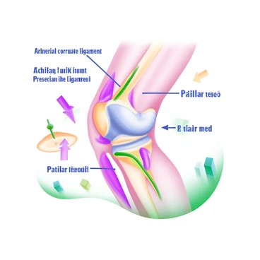A detailed illustration of a knee joint in motion, showcasing the mechanics involved. The knee joint is depicted from a side view, highlighting the femur, tibia, and fibula. The ligaments, including the anterior cruciate ligament and posterior cruciate ligament, are illustrated in vibrant colors to emphasize their structure and function. Tendons such as the quadriceps tendon and patellar tendon are also shown, demonstrating their connection to the muscles. Arrows indicate the movement of the joint, with the patella positioned clearly in relation to the bones. Background elements include labeled anatomical structures for clarity.
