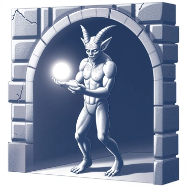 A statue of a demon stands menacingly in a dark dungeon alcove. The demon features exaggerated horns and sharp, pointed ears, giving it a fearsome appearance. Its eyes are deep-set and hollow, creating an ominous expression. The figure is muscular and has intricate carvings that depict various symbols and patterns across its surface. The demon holds a glowing orb in its hands, which emits a faint light that casts eerie shadows on the stone walls. The surrounding alcove is rugged, with damp stone surfaces and cracks that suggest age and neglect. The atmosphere is heavy and foreboding, enhancing the sense of dread associated with the statue.