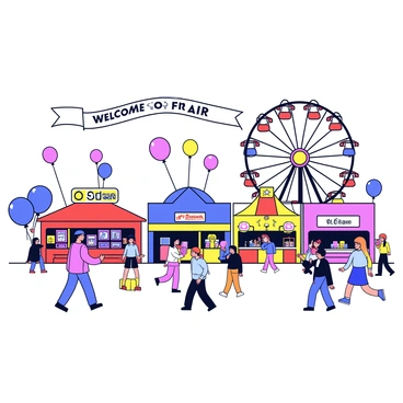 A cheerful small town fair filled with colorful booths and rides. There are vibrant red, blue, and yellow booths lined up, each displaying various games and prizes. The Ferris wheel towers in the background, painted in bright colors, with passengers enjoying the view. Balloons float in the air, adding to the festive atmosphere. People walk around happily, some holding cotton candy, while others are laughing and playing games. A banner overhead reads "Welcome to the Fair" in bold letters.