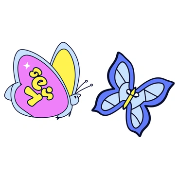 Two butterflies are positioned in a light, airy space. One butterfly has colorful wings adorned with the word "Yes" in a bold, playful font. The other butterfly features intricate patterns on its wings, with the word "No" displayed prominently in a contrasting design. Both butterflies are delicately hovering near each other, creating a visual dialogue between the two.