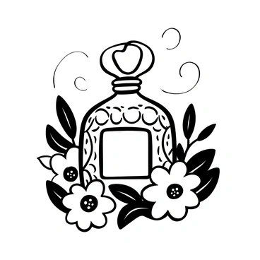 A bottle of perfume with an ornate design featuring intricate patterns carved into the glass. The bottle's shape is elegant with a delicate, curved neck that leads to a stylish cap. Surrounding the bottle are several peach blossoms and leaves, emphasizing the peach scent. The background is adorned with soft, swirling lines that suggest a sense of fragrance wafting through the air.