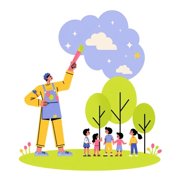 An artist standing on a grassy area in a park, holding a giant paintbrush with vibrant colors on its bristles. The artist is wearing a colorful apron and has paint splatters on their clothing. They are reaching up towards the sky, which is a bright blue, and using the paintbrush to create fluffy white clouds and sparkling stars. The park has lush green trees in the background and a few colorful flowers scattered on the ground. A small group of curious children watches the artist from a distance, captivated by the mural being painted in the sky.