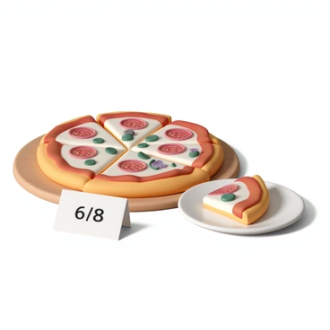 A whole pizza with eight slices, where six slices are removed and placed on a plate next to it. Each slice is topped with pepperoni, mushrooms, and bell peppers. The pizza is displayed on a wooden pizza board. In the foreground, there is a white card with the text "6/8" written on it, indicating the improper fraction of the slices shown. The background is a simple kitchen countertop, adding context to the scene.