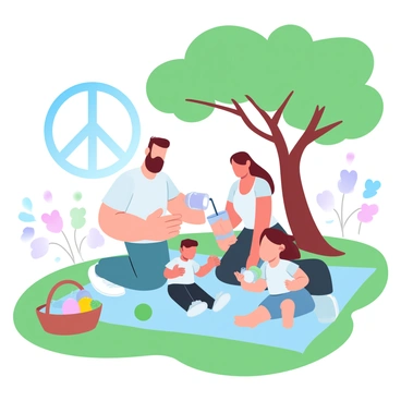 A family of four is sitting on a colorful picnic blanket spread out on lush green grass. The father is holding a sandwich, while the mother is pouring juice into a cup for a young boy, who is smiling as he reaches for a fruit. The little girl is playing with a small green ball nearby. A large tree provides shade overhead, and a picnic basket filled with fruits and sandwiches is open beside them. In the background, there are several colorful flowers and a clear blue sky. A large peace symbol is subtly integrated into the scene, blending naturally with the serene environment.