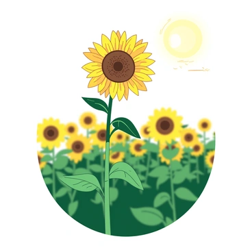 A yellow tall sunflower stands prominently in a field, its face turned towards the glowing sun above. The sunflower's bright petals are vibrant, contrasting with the deep green leaves surrounding it. In the background, a soft blur of other sunflowers can be seen, creating a sense of depth in the field. The sunlight filters through the petals, casting gentle shadows on the stem. The sky above is clear and expansive, enhancing the overall brightness of the scene.