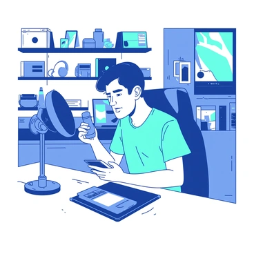 A person is sitting at a desk in a home studio, holding a smartphone in their right hand while focusing on a product in front of them. The product is a sleek gadget placed on the desk, with bright studio lights illuminating the scene. Behind the person, there are shelves filled with various tech items and neatly organized recording equipment. The person's expression is concentrated, and they are wearing casual attire, while a microphone is positioned close by, capturing the audio for the review.