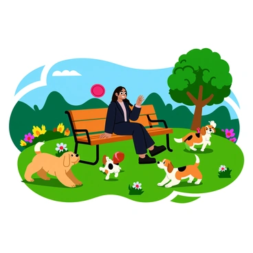 "Makima" is sitting peacefully on a park bench. She has long dark hair that flows down her back and wears a stylish black outfit. Around her, various playful dogs of different breeds are frolicking on the grass. A fluffy golden retriever is chasing a red frisbee, a small beagle is sniffing the ground curiously, and a energetic border collie is playfully barking at its owner. The park is filled with green trees and colorful flowers, creating a lively and cheerful atmosphere. Sunlight filters through the leaves, casting dappled shadows on the ground.