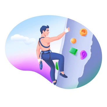 A climber is scaling a textured rock wall, demonstrating defined arm and leg muscles as they pull themselves upward. The climber is wearing a sleek climbing harness and has chalk dust visible on their hands. Brightly colored climbing holds are scattered across the wall, showcasing various grips. The background features a soft gradient showcasing the sky, transitioning from light blue at the top to soft pastel tones near the horizon. The climber's focused expression highlights determination and strength as they reach for the next hold.