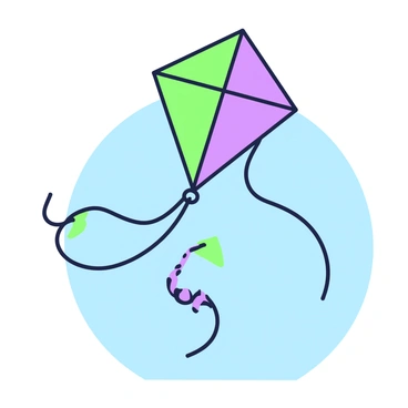A kite is soaring high in the sky. The kite features a vibrant design, prominently displaying its shape and colors. Attached to it are two strings, which are taut and forming distinct angles of "2" and "5" against the direction of the wind. Below the kite, a clear blue sky can be seen, indicating a sunny day. The wind is evidenced by the kite's flapping tail, creating a sense of movement and freedom in the scene.