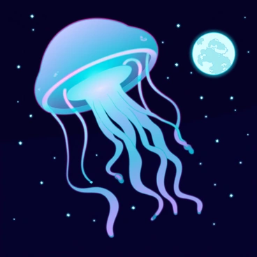 A luminous moon jellyfish with a translucent, bell-shaped body gliding gracefully through a dark night sky. Its long, flowing tentacles trail behind it, shimmering in shades of blue and violet. The starry background is filled with a multitude of bright, twinkling stars, creating a contrast against the jellyfish's ethereal form. The moon hangs low in the sky, casting a soft glow that highlights the jellyfish's delicate features and adds a dreamlike quality to the scene.
