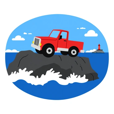 A large bright red truck is perched atop rugged coastal cliffs. The truck is positioned at an angle, showcasing its shiny chrome details and sturdy tires. Below, powerful waves crash against the rocky shoreline, sending white frothy spray into the air. The sky above is a vibrant blue with a few fluffy white clouds scattered throughout. In the distance, a glimpse of a lighthouse can be seen standing tall against the backdrop of the cliffs.