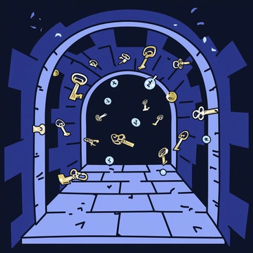 A swarm of small, enchanted flying keys with shimmering metallic surfaces and intricate designs is darting around. The keys vary in size, some resembling traditional skeleton keys while others have ornate shapes. They are surrounded by a soft glow, illuminating the dark corners of the chamber. The old stone chamber has rough, aged walls with moss growing in patches and a cobblestone floor. Shadows play across the surfaces as the keys flutter swiftly, creating a sense of movement and magic.