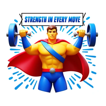 A comic book hero with a muscular build is performing lateral raises. The hero is wearing a vibrant costume with a cape flowing behind them. The panel shows the hero lifting two weights with a focused expression, showcasing their strength and determination. The background features dynamic lines to emphasize motion and action. Bright colors dominate the scene, creating an energetic atmosphere. The text "Strength in Every Move!" appears prominently above the hero.