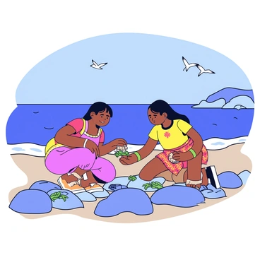 Two Indigenous women are gathered along a rocky seashore, crouching down to collect clams and seaweed. They are wearing traditional clothing, with bright colors and patterns, which contrast against the natural tones of the rocks and sea. One woman holds a small woven basket, while the other carefully inspects a patch of seaweed with her hands. The ocean waves gently lap at the shore, and a few seagulls can be seen in the background, flying low above the water. The sky is clear blue, enhancing the vibrant scenery of the coastal environment.