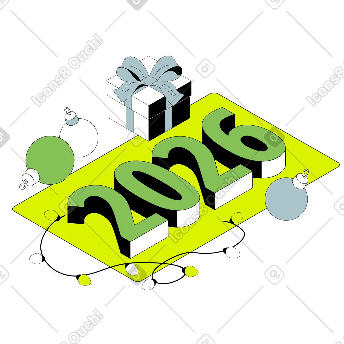 Number 2026 with gift and ornaments illustration in Isometric style download in PNG, SVG