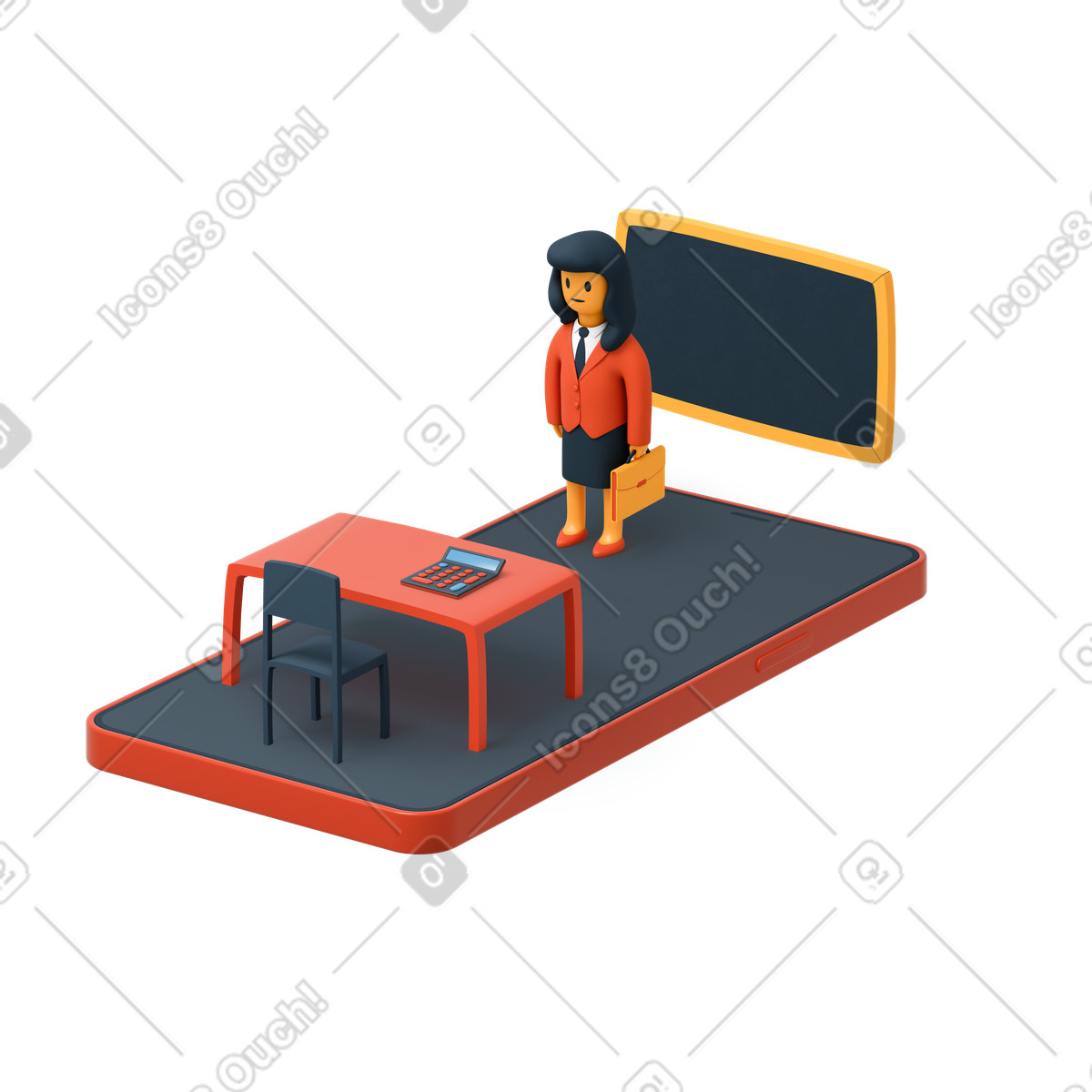 Illustration Enseignant debout devant le tableau noir dans une salle de classe vide style 3D Flame à télécharger aux formats PNG, SVG