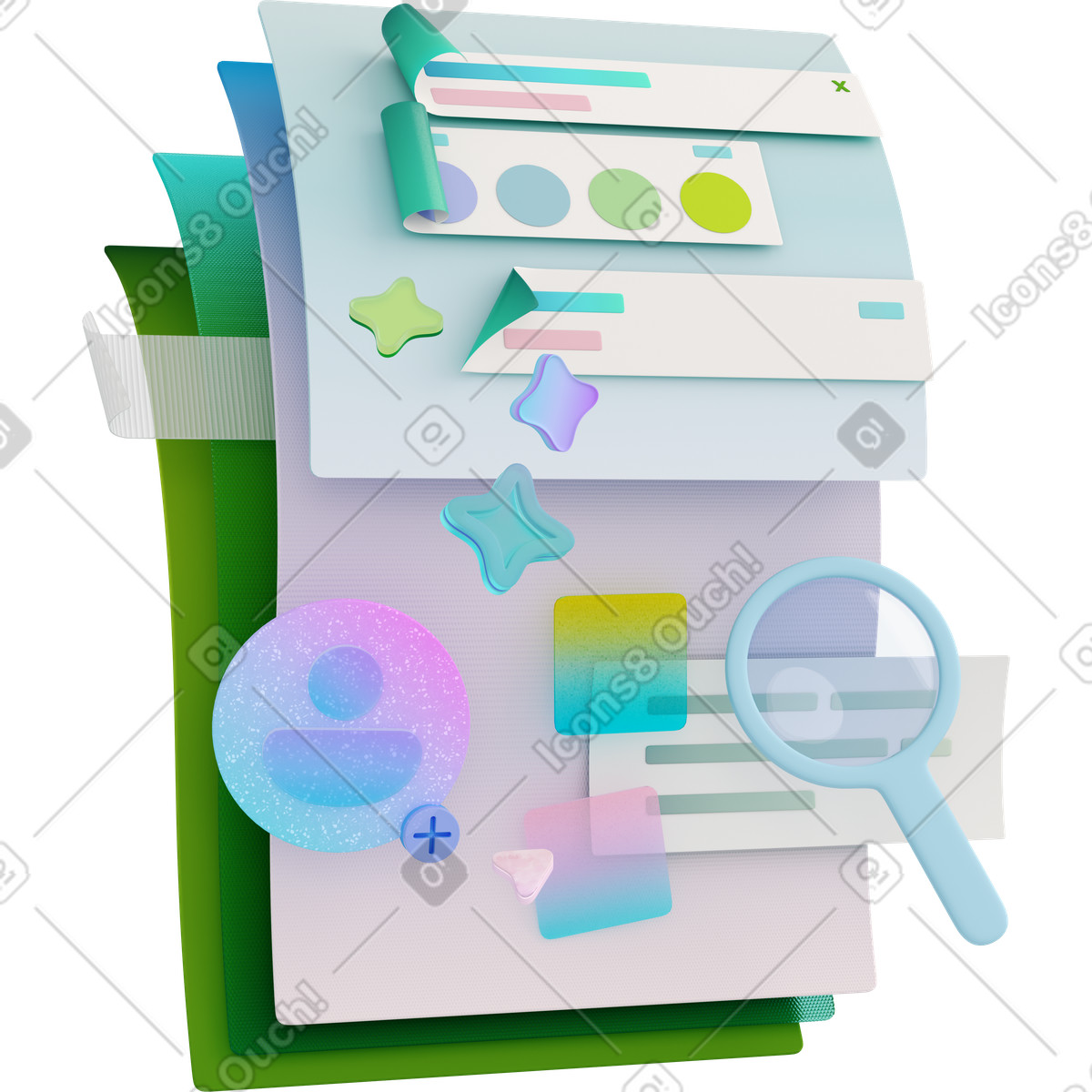 Ilustración Candidate screening magnifying glass over profile card and stacked papers en estilo 3D Business a descargar en PNG y SVG
