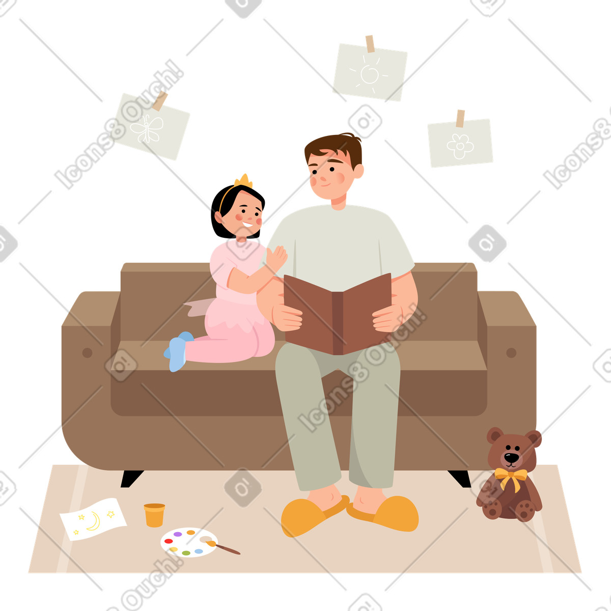 Lagom スタイルの お父さんは居間で娘に本を読んでいます のイラストをPNG、SVG形式でダウンロード