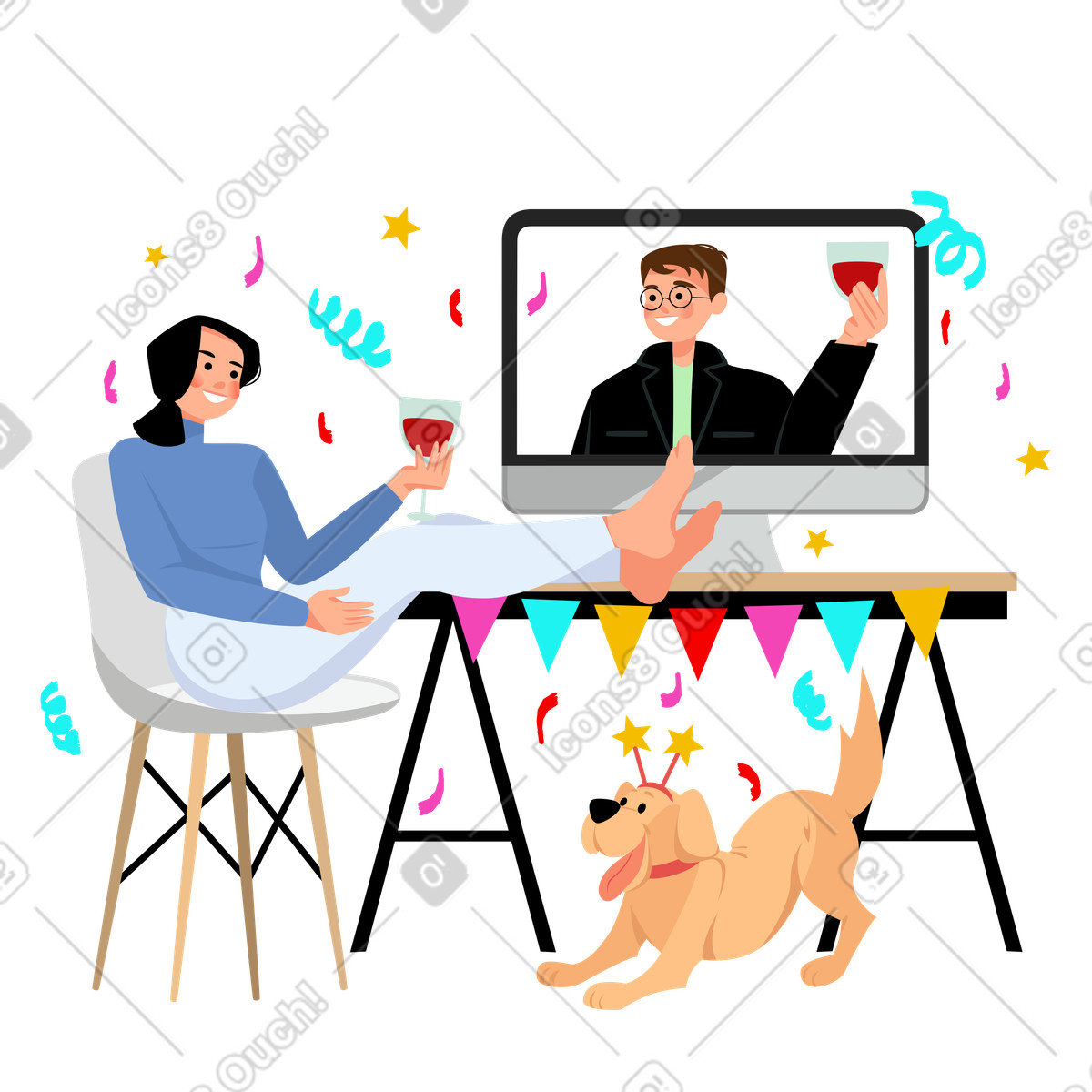 Smiling friends partying virtually on video call, Celebrating and socializing online illustration in Lagom style download in PNG, SVG