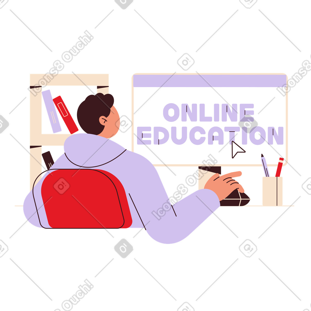 Home study workspace with online education text, Remote learning concept illustration in Folks style download in PNG, SVG