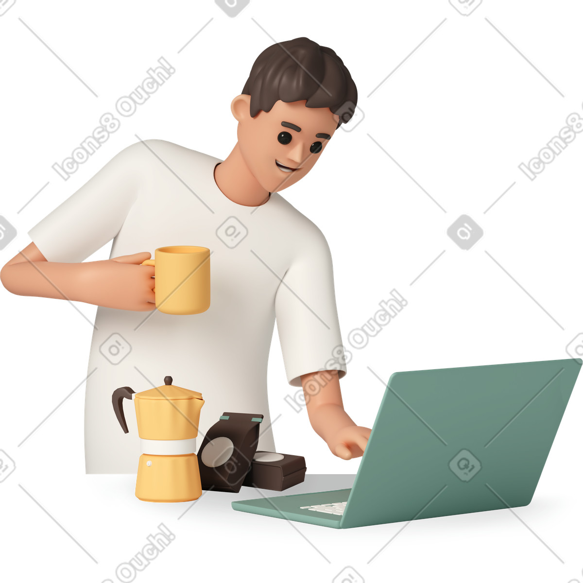 Smiling man with cup of coffee looking at laptop illustration in 3D Casual life style download in PNG, SVG