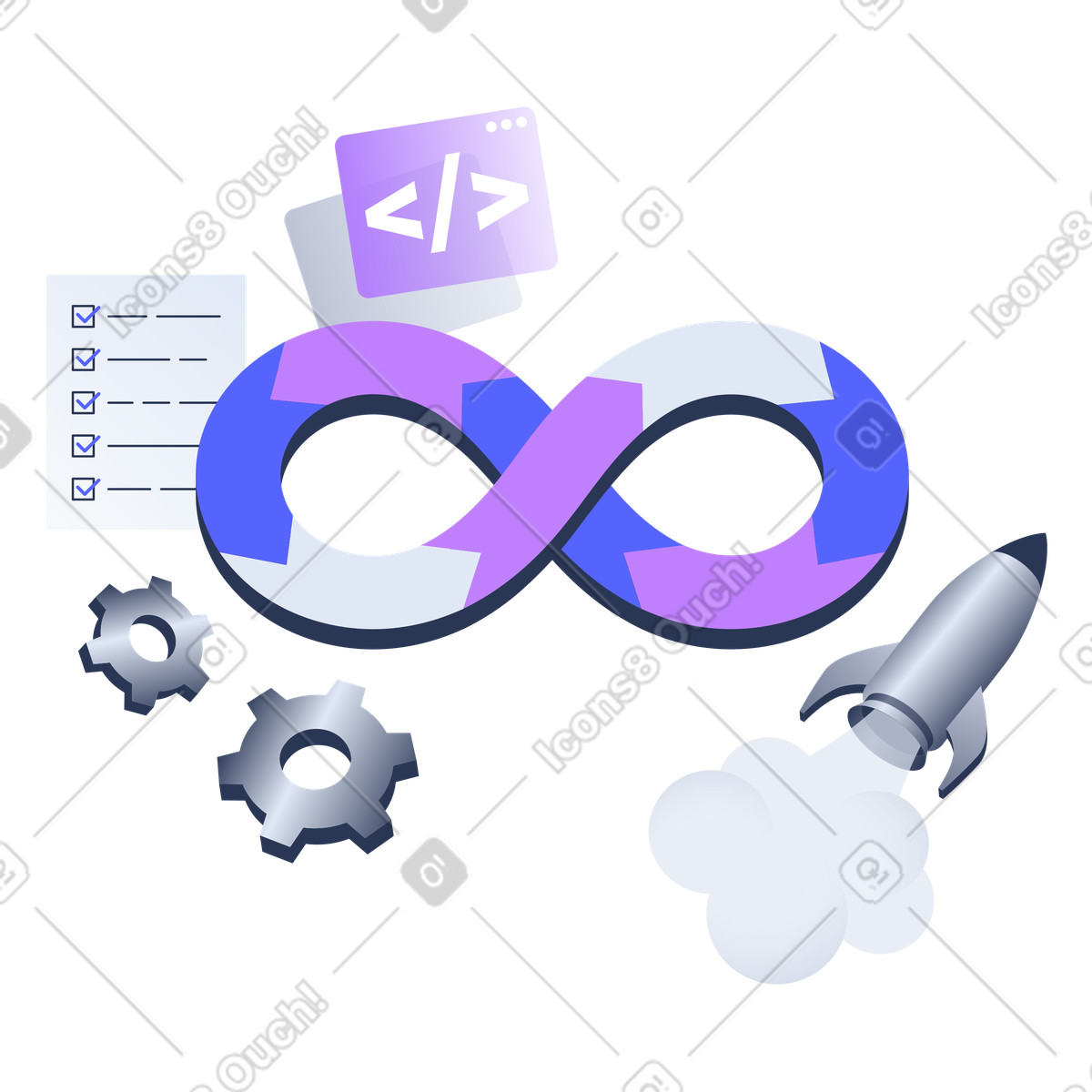 DevOps infinity symbol, cogs, checklist, rocket, code window, Software Build and Release Cycle, DevOps Deployment Pipeline illustration in Lucent style download in PNG, SVG