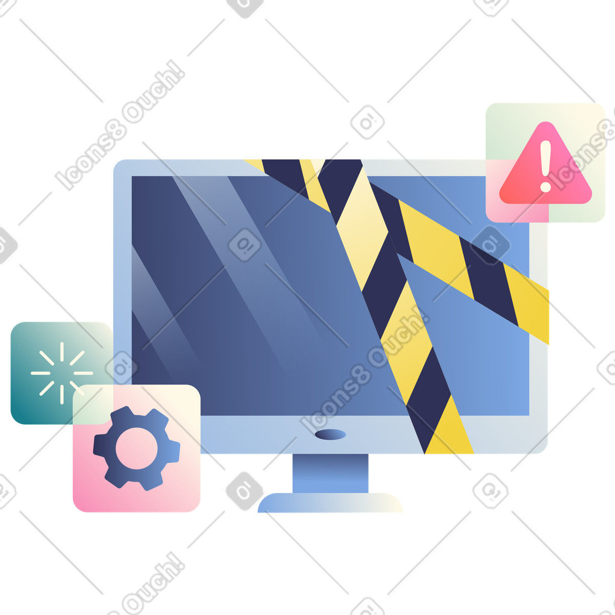 Ilustración Monitor en blanco con cinta de precaución e íconos engranajes, dispositivo mantenimiento, error crítico estilo Beam a descargar PNG y SVG