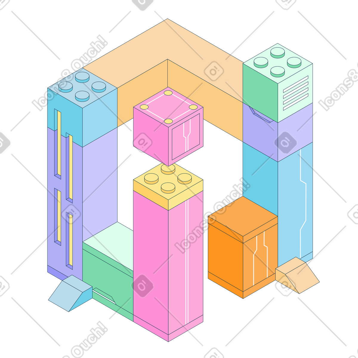 Framework personalizzabile per data center, elementi costitutivi dell'infrastruttura cloud, piattaforma di assemblaggio stack tecnologici illustrazione in stile Bubble gum scarica in PNG, SVG