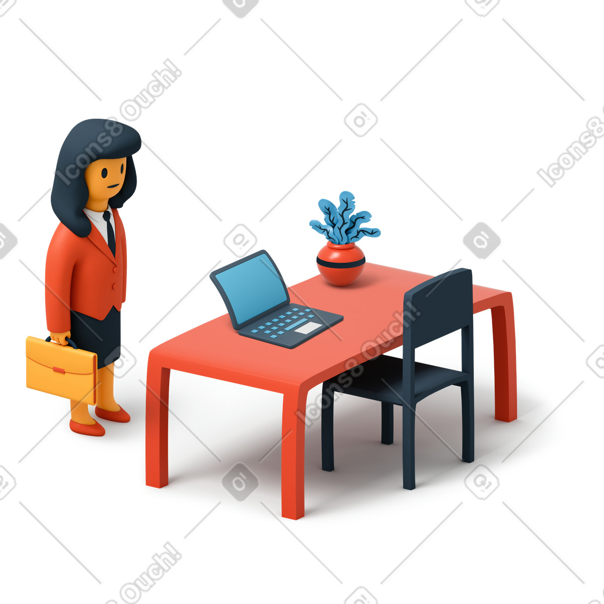 Ilustración Mujer de negocios, posición, al lado de, ella, escritorio en estilo 3D Flame a descargar en PNG y SVG