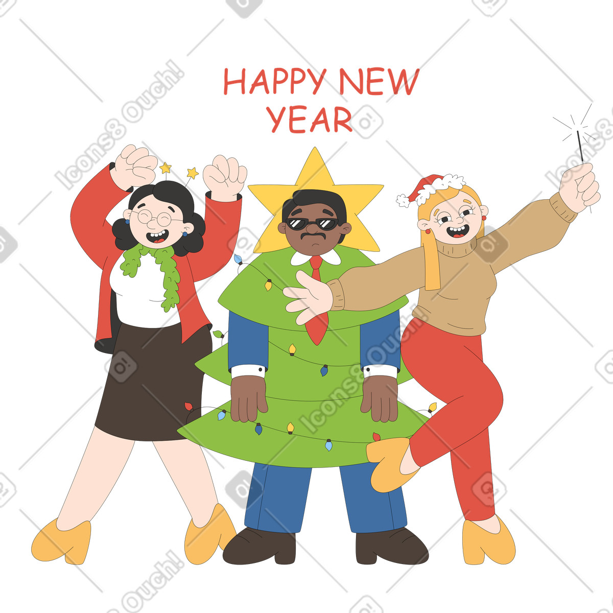 Kollegen feiern winterferien im büro-Illustration Sitcom-Stil als Download in PNG, SVG