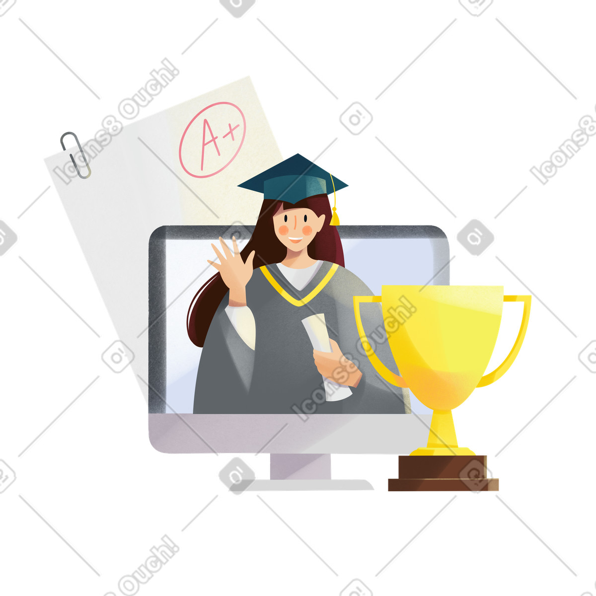 Young woman graduated from online education illustration bachelor's degree clipart graphics vectors