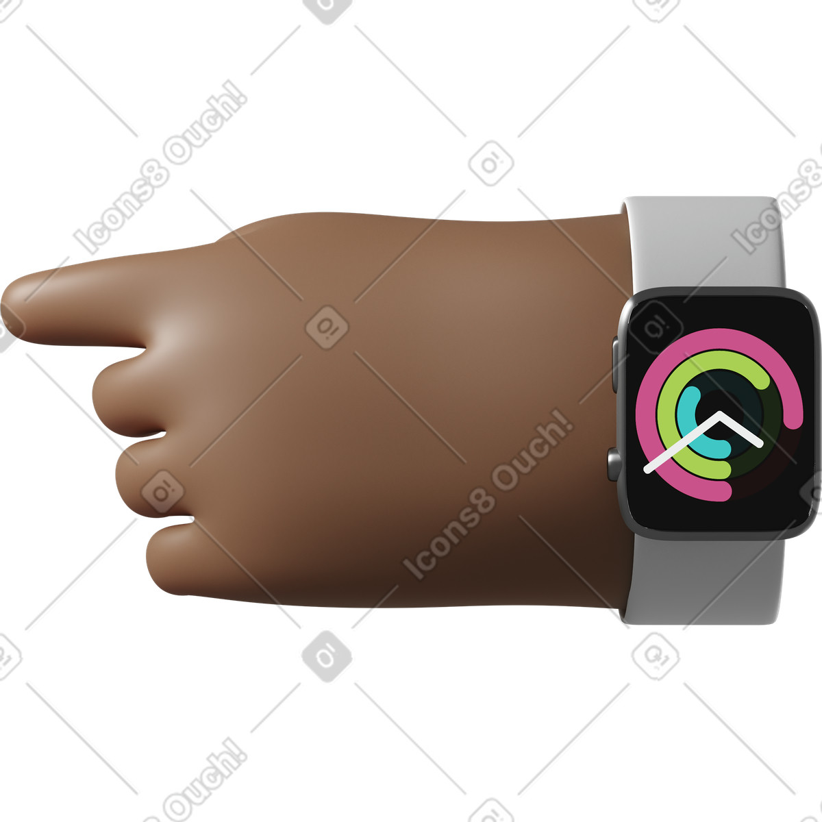 Dark brown skin hand with smartwatch turned on pointing left illustration in 3D Hands Fun&Wild style download in PNG, SVG