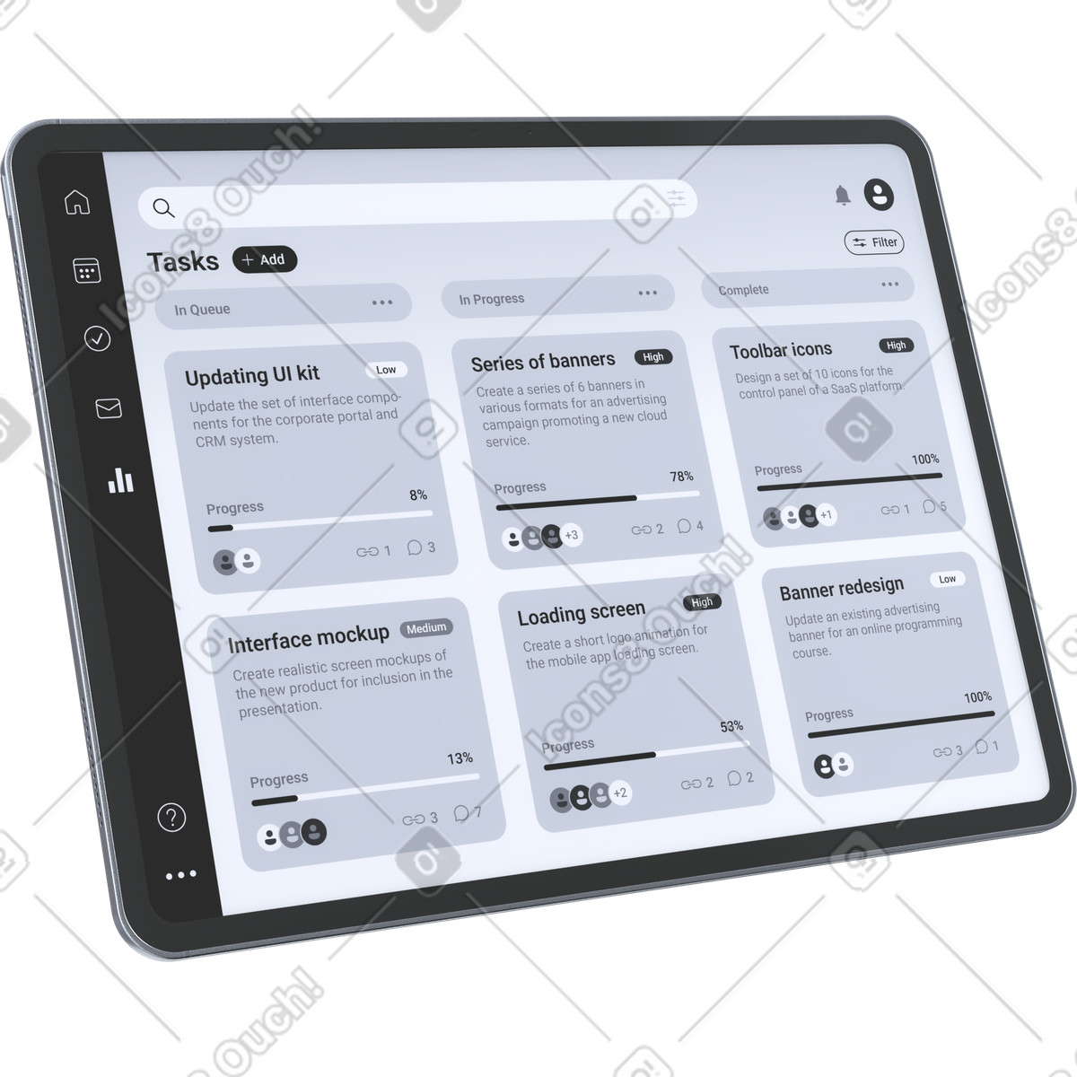 Task management dashboard, Project workflow interface, Team productivity tracker illustration in 3D Pro style download in PNG, SVG