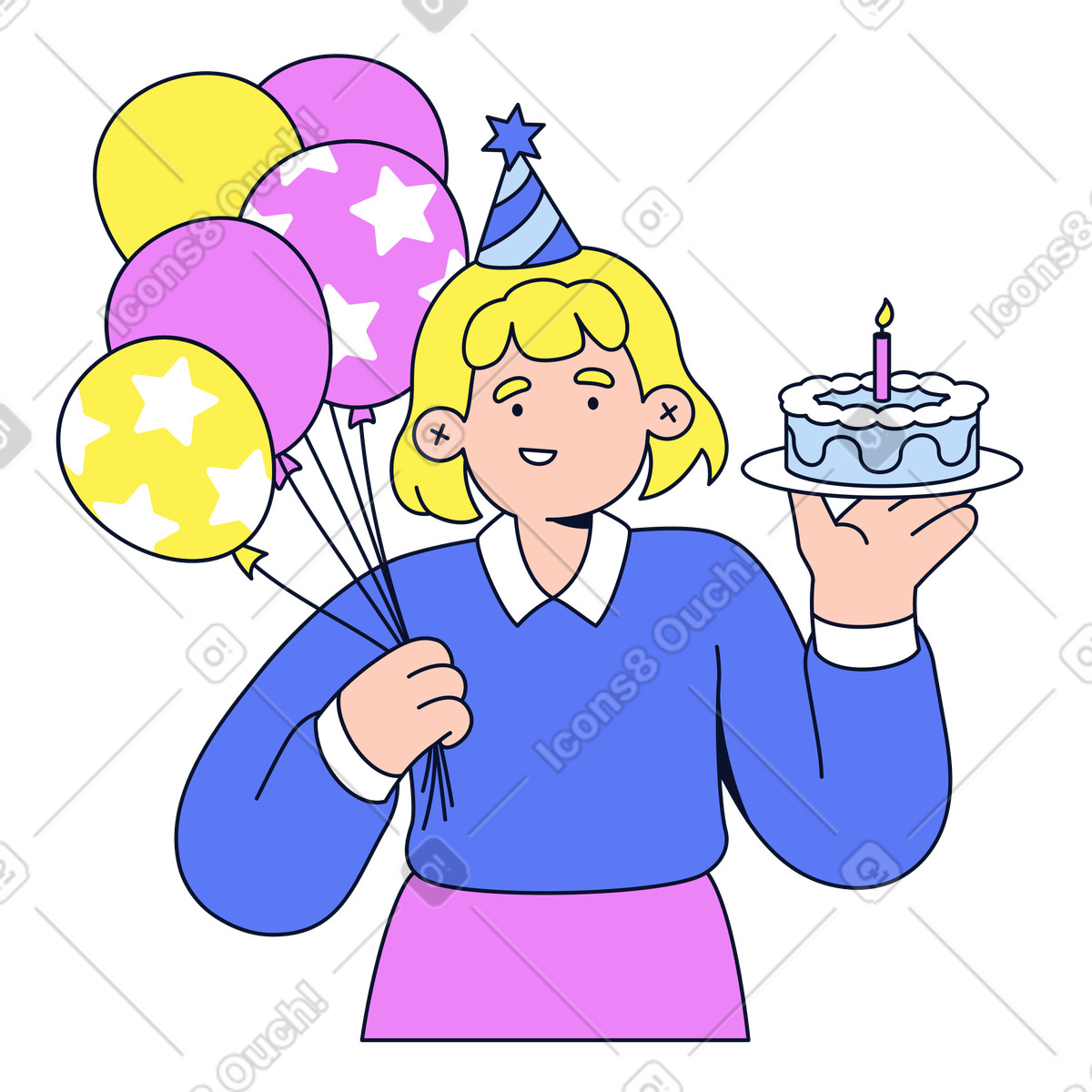 Birthday celebration with party hat and cake illustration in Flexy style download in PNG, SVG
