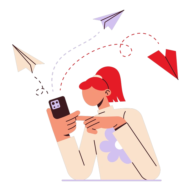 A person using a smartphone with paper airplanes - Folks style illustration