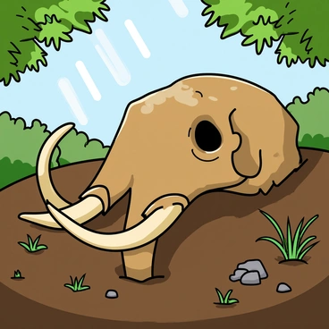 A large ancient mammoth skull partially buried in dark brown soil. The skull has prominent tusks curving outward and intricate details along its surface, showing signs of age and weathering. Surrounding the skull are small rocks and bits of grass peeking through the soil. Sunlight filters through the trees above, casting dappled light on the scene. The area around the skull features a few ferns and scattered leaves, enhancing the natural setting of the discovery.